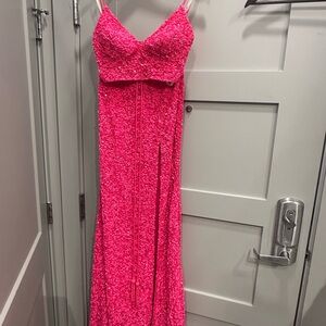 Sherri Hill Hot Pink Sequined Spaghetti-Strap Prom Gown